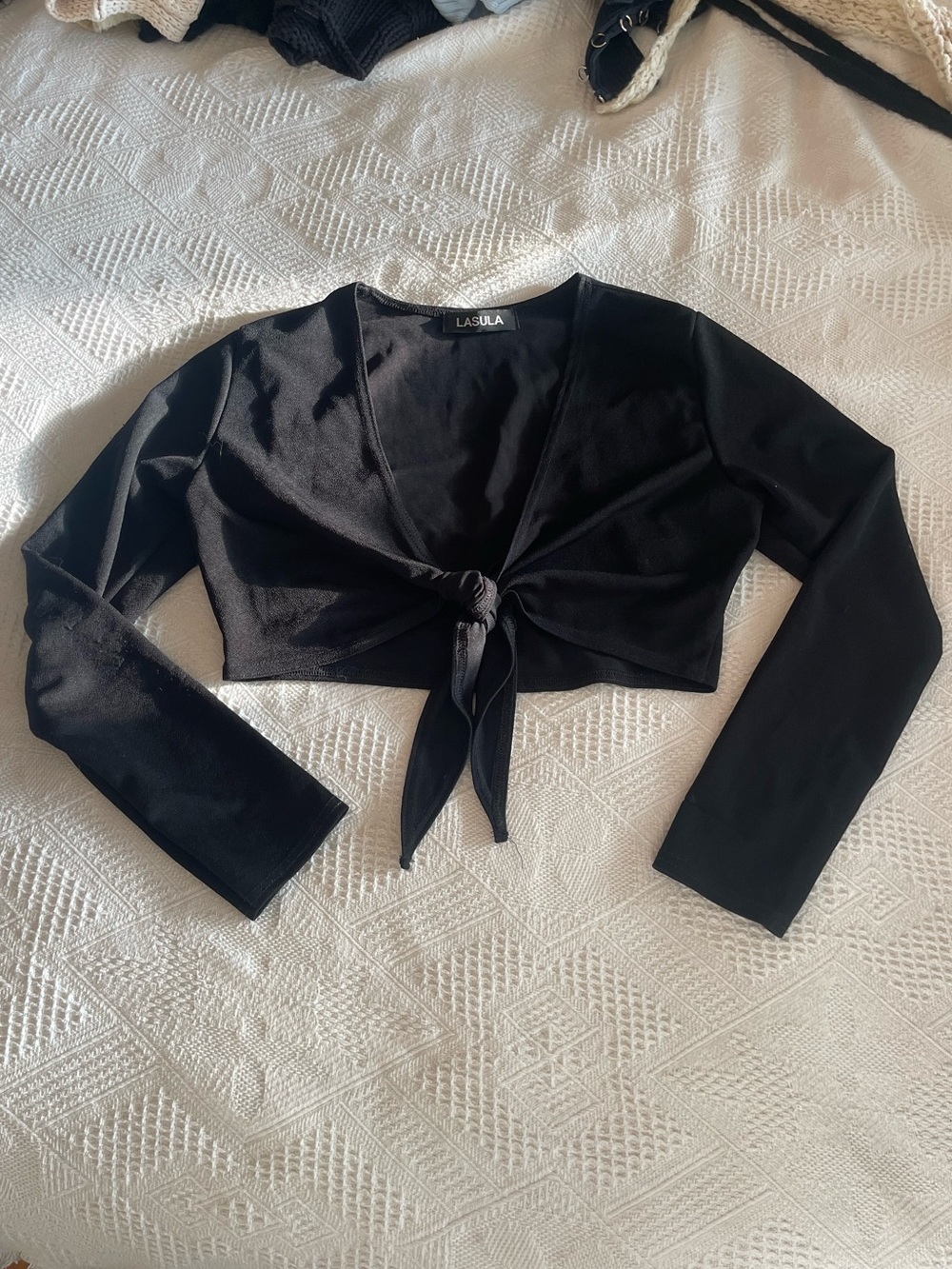 Black Long-Sleeve Tie-Front Crop Top
